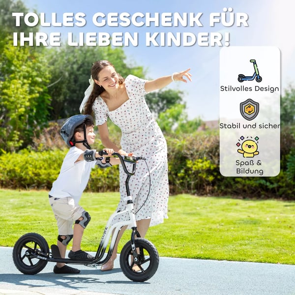 AIYAPLAY Børneløbecykel - Hvid, Justerbar, Store Hjul, Håndbremse, Stål/Plastik, 5-12 år