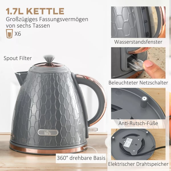 HOMCOM 2-i-1 Morgenmadsæt: Elkedel (1,7 L) og Brødrister (4 skiver) - Plast, Grå