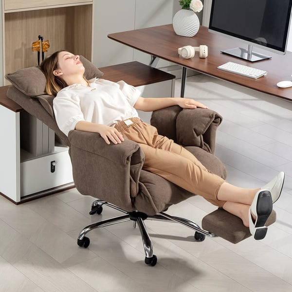 HOMCOM Ergonomisk kontorstol, lænebar ryglæn, fodstøtte, blødt stof, lysebrun