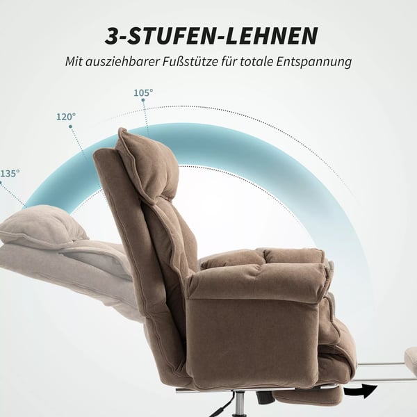 HOMCOM Ergonomisk kontorstol, lænebar ryglæn, fodstøtte, blødt stof, lysebrun