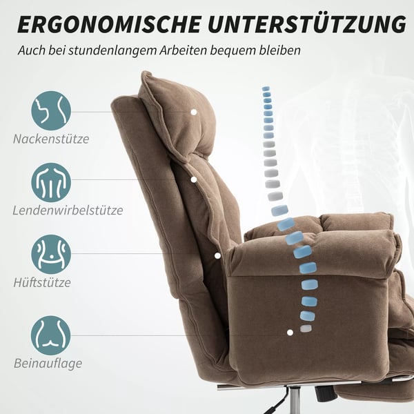 HOMCOM Ergonomisk kontorstol, lænebar ryglæn, fodstøtte, blødt stof, lysebrun
