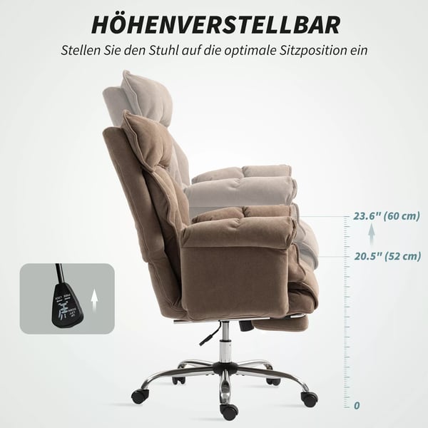 HOMCOM Ergonomisk kontorstol, lænebar ryglæn, fodstøtte, blødt stof, lysebrun