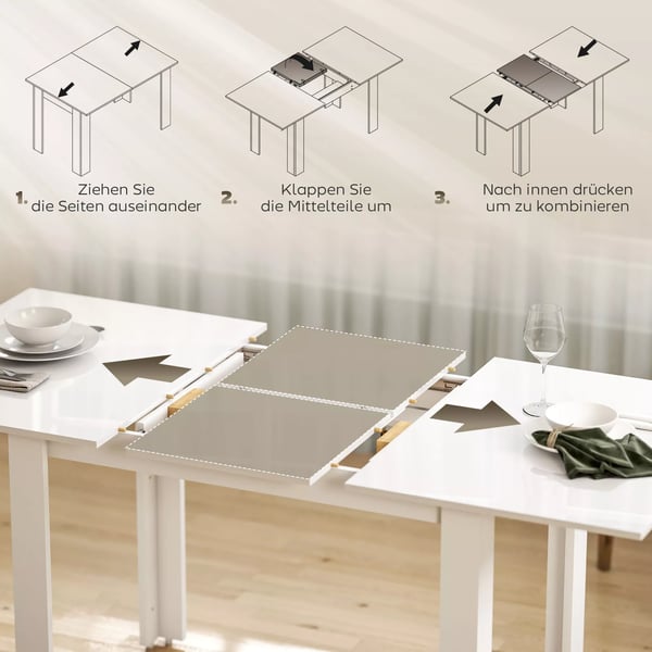 HOMCOM Udtr8kbart Spisebord, H8jglans Hvid, MDF, 120-160x70 cm, 4-6 personer