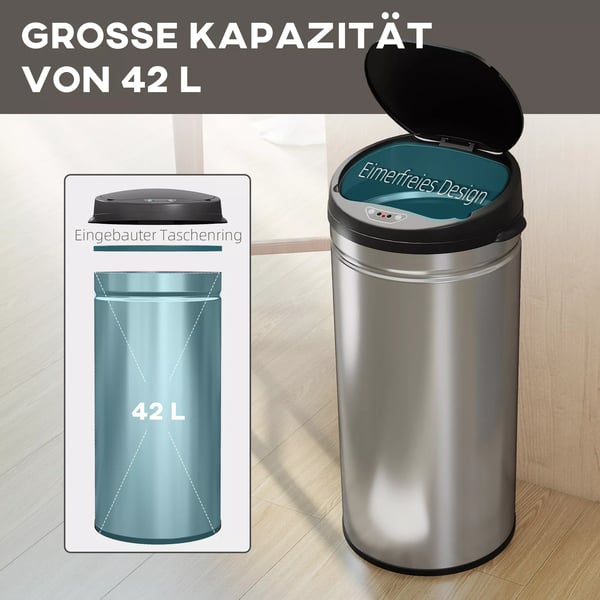 HOMCOM 42L sensorstyrd soptunna i rostfritt stål, silver