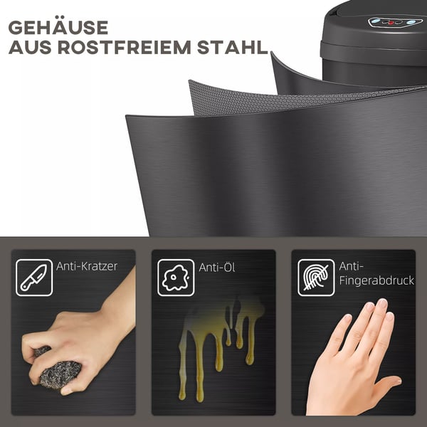 HOMCOM 30L sensor skraldespand, berøringsfri affaldsbeholder i sort rustfrit stål med soft-close