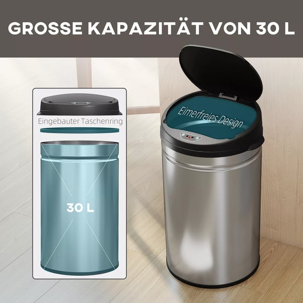 HOMCOM 30L Sensor Skraldespand Rustfrit Stål Sølv - Automatisk Berøringsfri Affaldsbeholder med Soft-Close