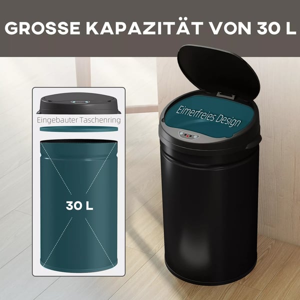 HOMCOM 30L sensor skraldespand, berøringsfri affaldsbeholder i sort rustfrit stål med soft-close