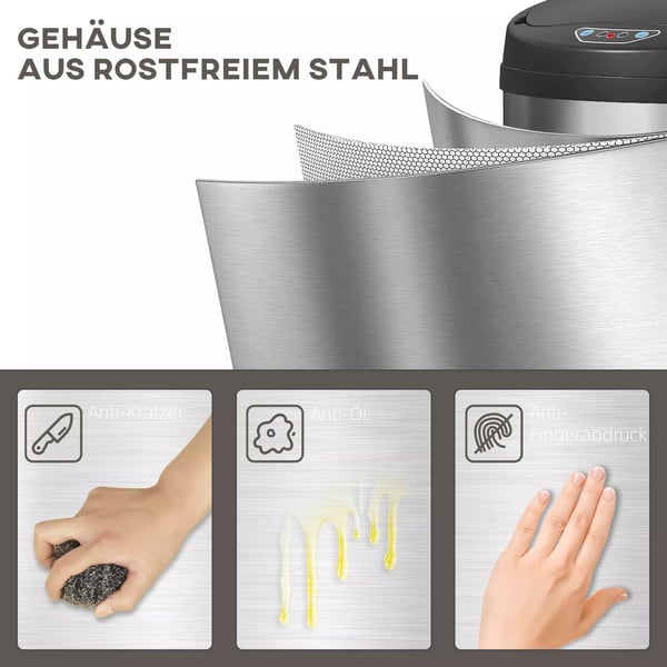 HOMCOM 30L Sensor Skraldespand Rustfrit Stål Sølv - Automatisk Berøringsfri Affaldsbeholder med Soft-Close