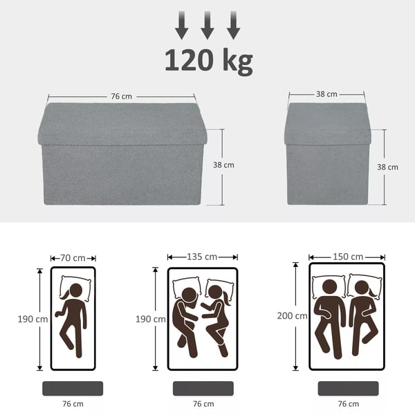 HOMCOM Opbevaringsskammel, Polstret Bænk med Opbevaring og Låg, Foldbar, 76x38x38 cm, Mørkegrå Polyester