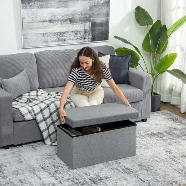 HOMCOM Opbevaringsskammel, Polstret Bænk med Opbevaring og Låg, Foldbar, 76x38x38 cm, Mørkegrå Polyester