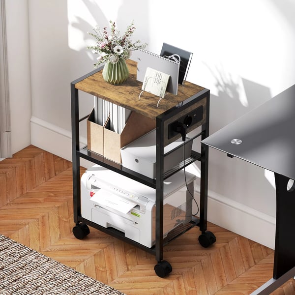 Printerstativ m. Hjul & Porte - Rustik Brun Træmateriale (Max. 40kg) - 42x28x64.5cm