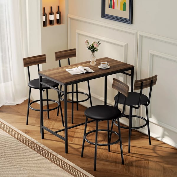 HOMCOM 5-delt barbordssæt med 4 stole, industrielt design, til køkken, spisestue, træ, stål, brun