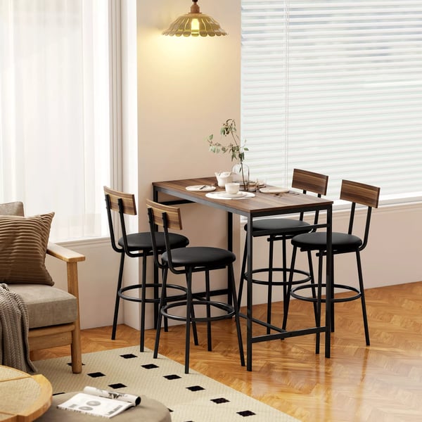 HOMCOM 5-delt barbordssæt med 4 stole, industrielt design, til køkken, spisestue, træ, stål, brun