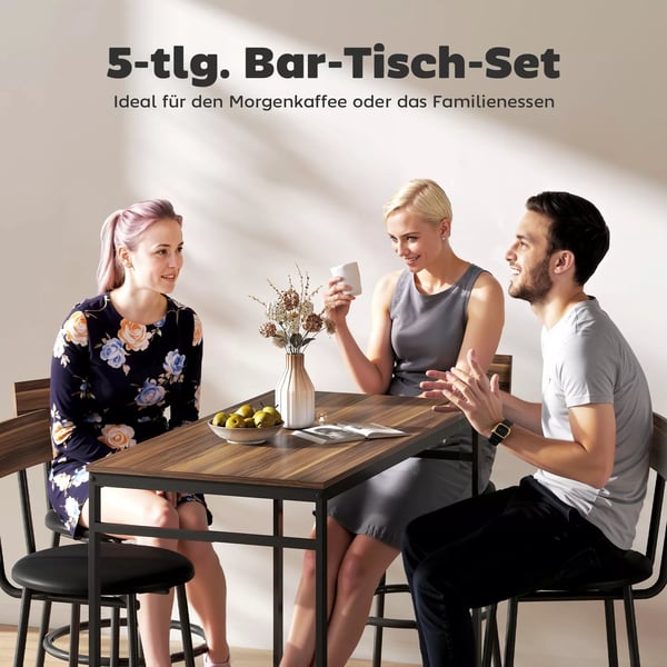 HOMCOM 5-delt barbordssæt med 4 stole, industrielt design, til køkken, spisestue, træ, stål, brun