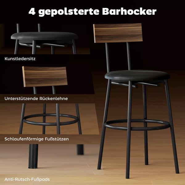 HOMCOM 5-delt barbordssæt med 4 stole, industrielt design, til køkken, spisestue, træ, stål, brun