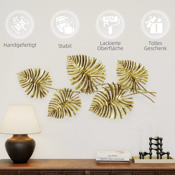 HOMCOM Metallväggdekor Blad Guldfärg Monstera
