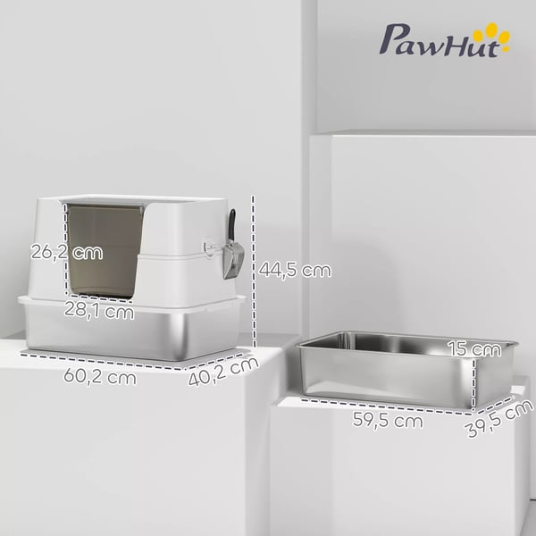 PawHut kattebakke, rustfrit stål, XL-interiør, med skovl, lysegrå