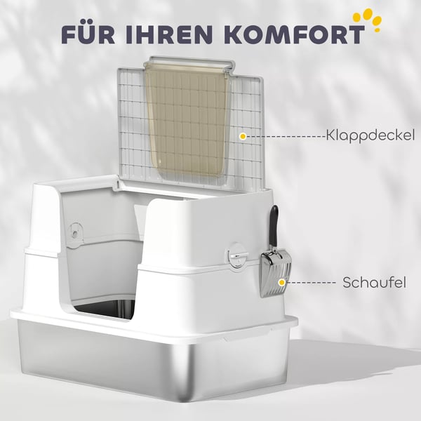 PawHut kattebakke, rustfrit stål, XL-interiør, med skovl, lysegrå