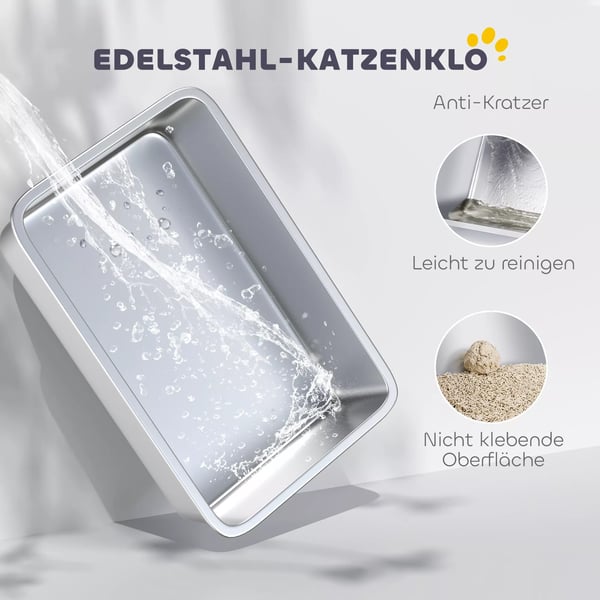 PawHut kattebakke, rustfrit stål, XL-interiør, inkl. skovl, lysegrå