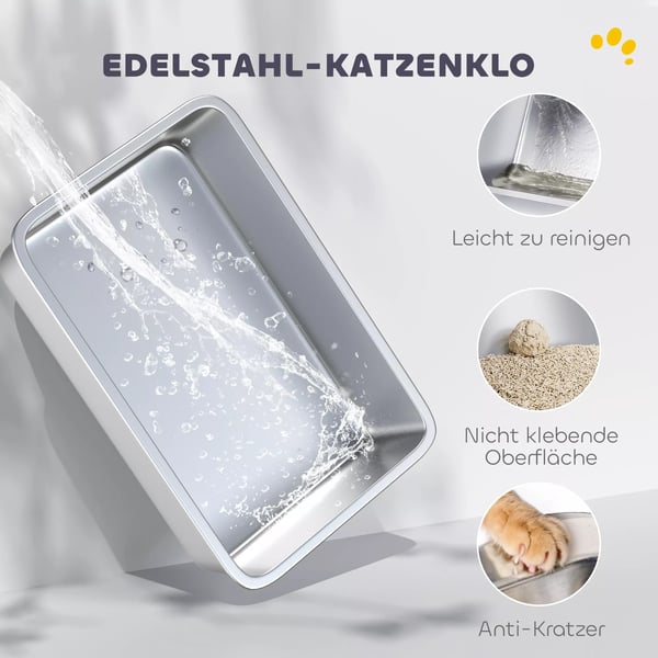 PawHut kattebakke, rustfrit stål, XL-interiør, med skovl, lysegrå