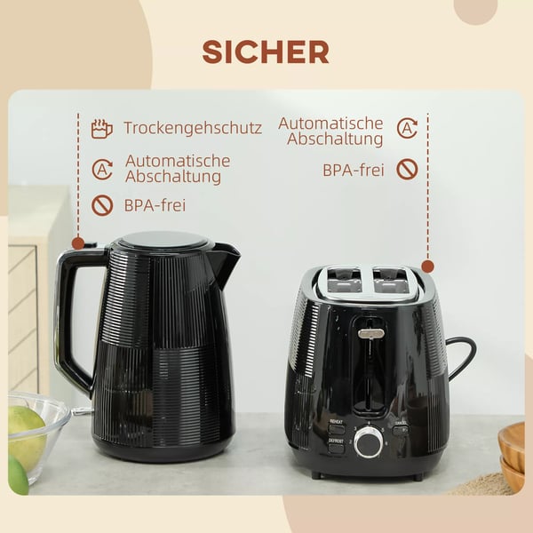 HOMCOM Elkedel og Brødrister Sæt - 1,7L, Rustfrit Stål/Plast, Sort