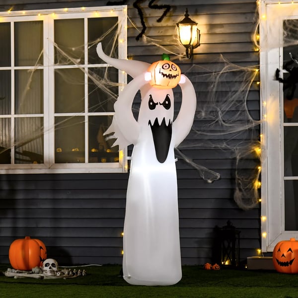 Halloween uppblåsbar spöke 1,8 m dekoration med LED-lampor Vit + Orange Polyester 80 x 40 x 180 cm | Aosom