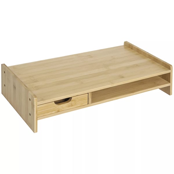 HOMCOM Monitorstativ i Natur Bambus med Skuffe - Skrivebordsorganisering L49xB25,5xH11,5cm