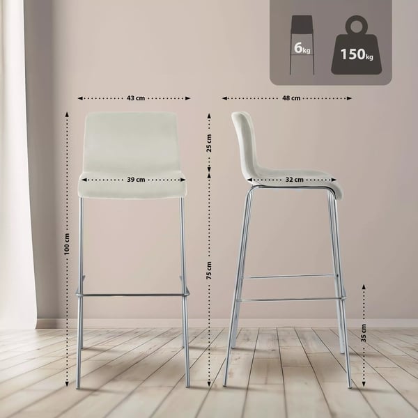 Hoover Cremefarvet Fløjl Barstol med Krom-Look Metal 4-Bens Base