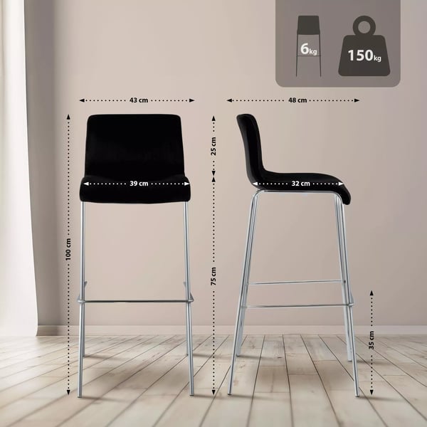 Sort fløjl barstol med krom-look metal 4-bens base