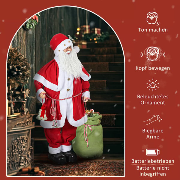 Stående jultomte 1,4 m med present och julklockor, klassisk julgransprydnad med ljudfunktion, inomhus, röd