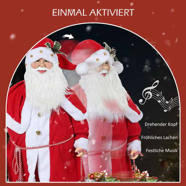 Stående jultomte 1,4 m med present och julklockor, klassisk julgransprydnad med ljudfunktion, inomhus, röd