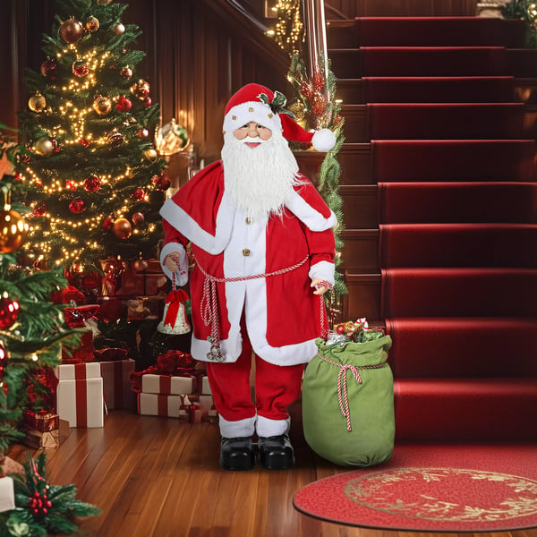 Stående jultomte 1,4 m med present och julklockor, klassisk julgransprydnad med ljudfunktion, inomhus, röd