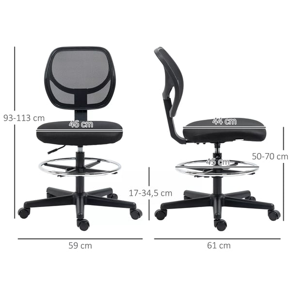 Ergonomisk Kontorstol - Justerbar Fodstøtte, 93-113cm, Hjul, Sort Mesh