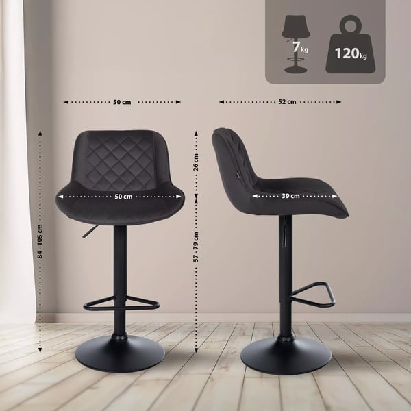 Sæt med 2 Kasson fløjlsbarstole, justerbar højde, drejelig, mat sort metalramme, sort
