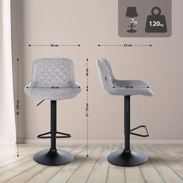 Sæt med 2 grå Kasson stof barstole med mat sort metalstel, justerbar højde (57-79cm)