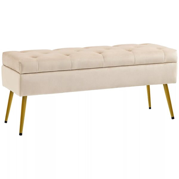 Opbevaringsbænk med Låg - Polstret Sengebænk i Beige Fløjl (Polyester) - 102x35x43 cm