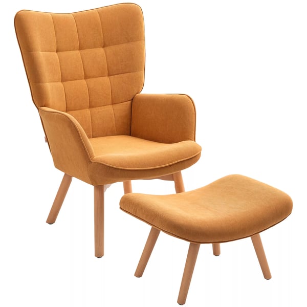 HOMCOM lænestol med skammel, øreklapstol med høj ryglæn, træben, loungestol med tuftet design, kordfløjls-look, til stuen, brun