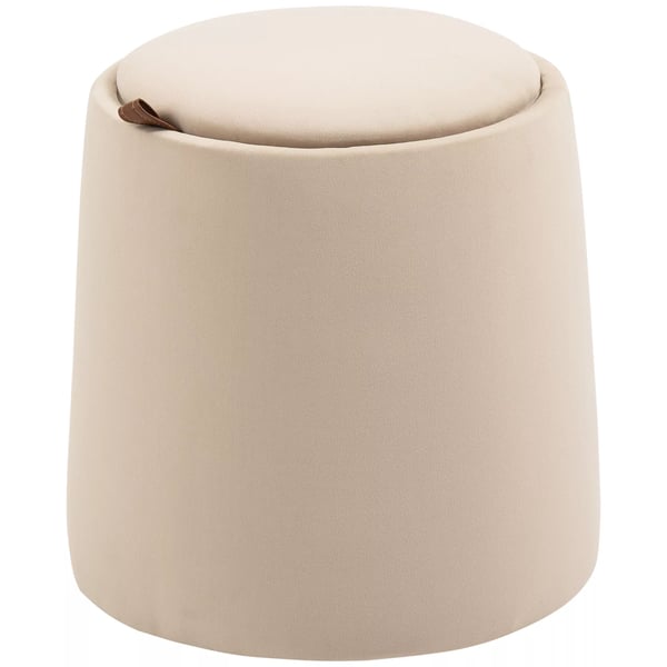 Rund Ottoman med opbevaring i fljlslook, Beige. Aftageligt lg, der kan bruges som bakke. Polyesterstof, skum, gummitr. Ø44x47,5cm