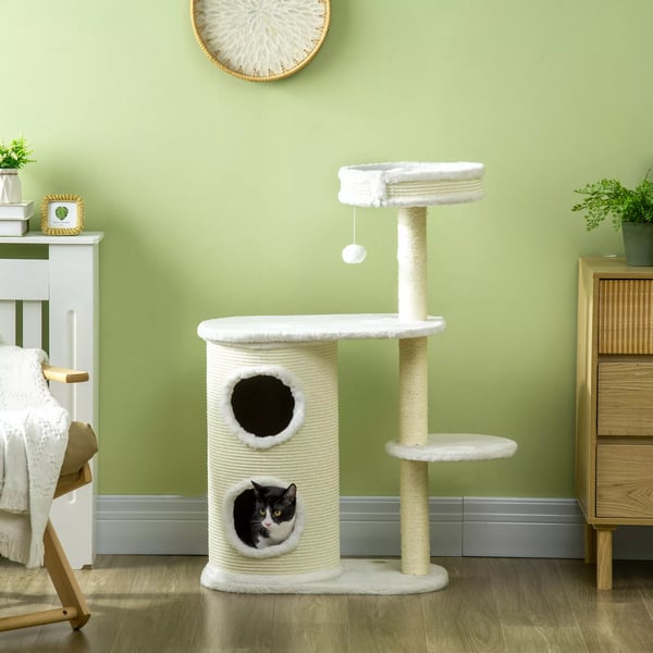 PawHut kradsetræ 100 cm, sisal, cremefarvet, med hule og legbold