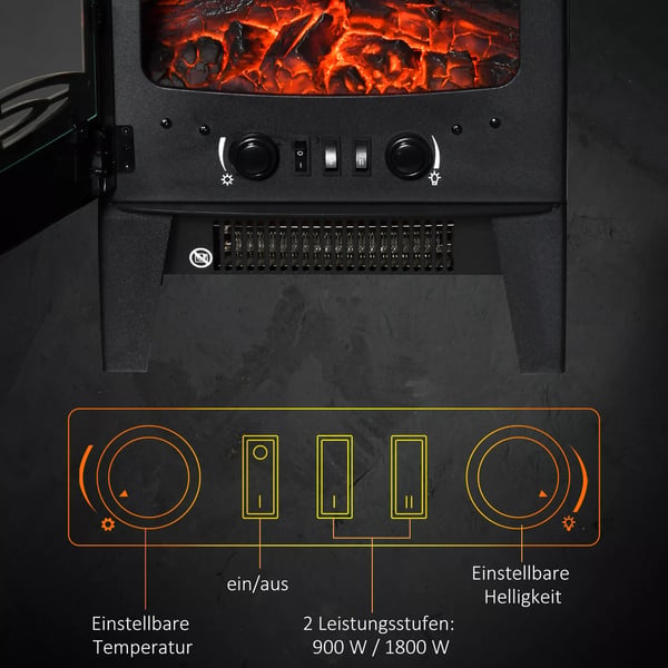 Elektrisk spis med värme, 1800 W elektrisk eldstad med LED-flammeffekt