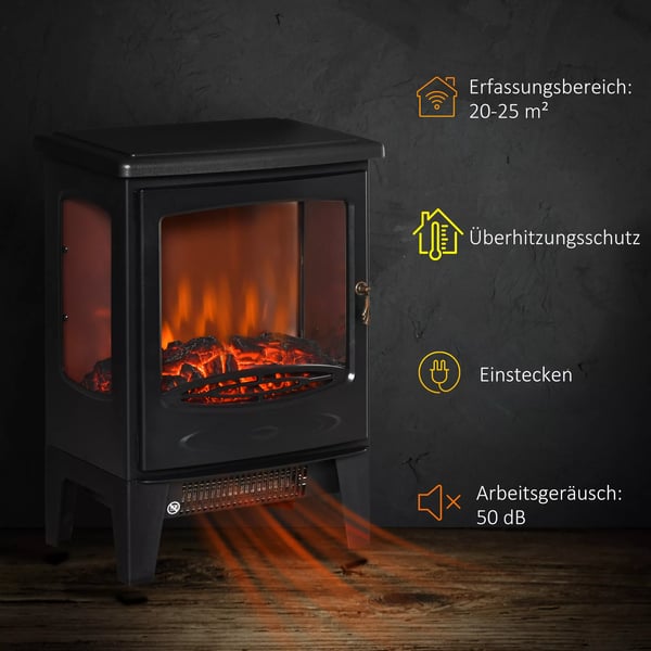 Elektrisk spis med värme, 1800 W elektrisk eldstad med LED-flammeffekt