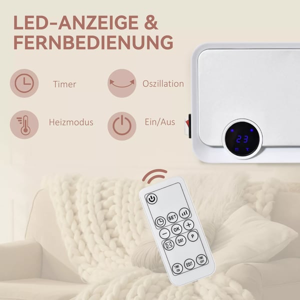 seinäkiinnitteinen lämmitin 2000W kaukosäätimellä, 3 toimintatilaa, LED-näyttö, 12h ajastin
