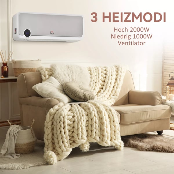 seinäkiinnitteinen lämmitin 2000W kaukosäätimellä, 3 toimintatilaa, LED-näyttö, 12h ajastin