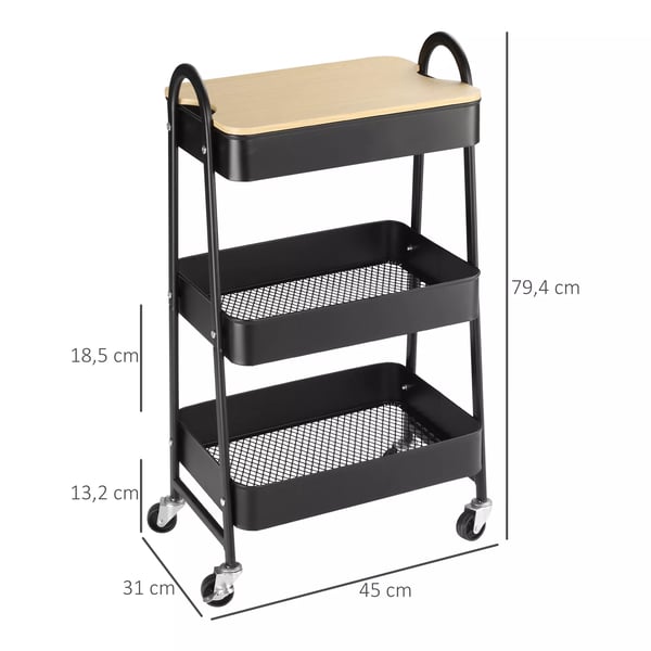 HOMCOM Rullebord, Sort Serveringsvogn med 3 Kurvehylder, Metal og Plast, 79,4H cm