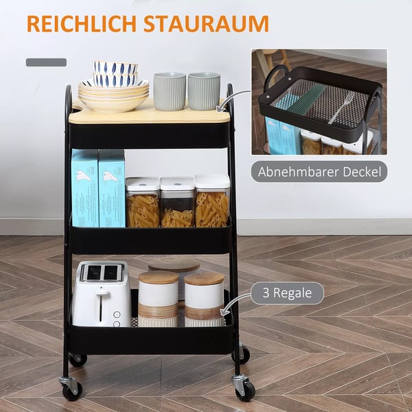 HOMCOM Rullebord, Sort Serveringsvogn med 3 Kurvehylder, Metal og Plast, 79,4H cm