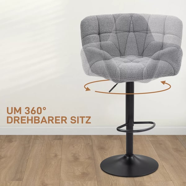 Barstole, 2 stk., Hjdejusterbar, Fleece-look, Grå+Sort