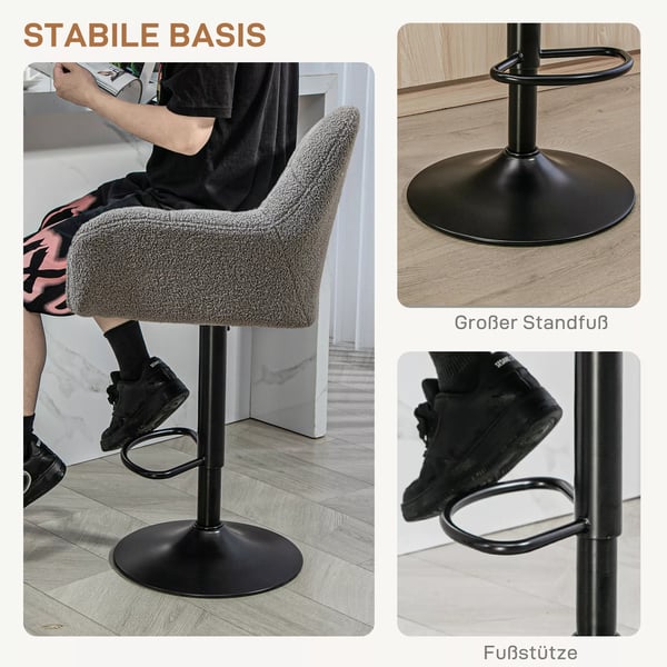 Barstole, 2 stk., Hjdejusterbar, Fleece-look, Grå+Sort