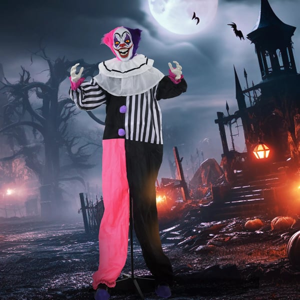 Gyserlig Klovn Halloween-dekoration, bevægelig, grinefunktion, pink+lilla