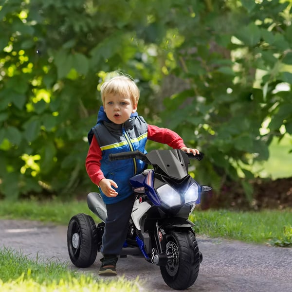 elektrisk børnemotorcykel, lys & lyde, 3 km/t, genopladelig, plast & metal, blå/hvid