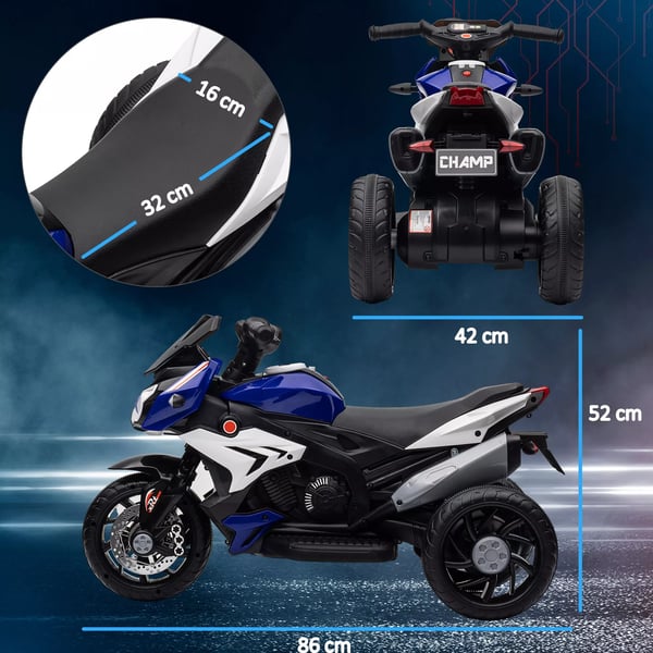 elektrisk børnemotorcykel, lys & lyde, 3 km/t, genopladelig, plast & metal, blå/hvid
